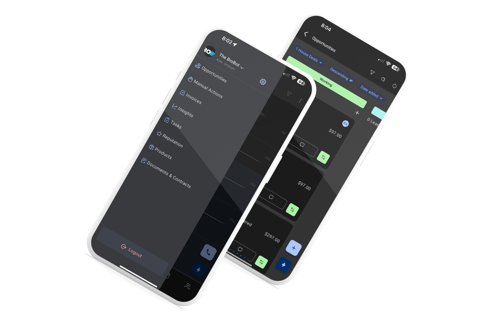 Brobot One app on mobile phones showing Opportunities and navigation