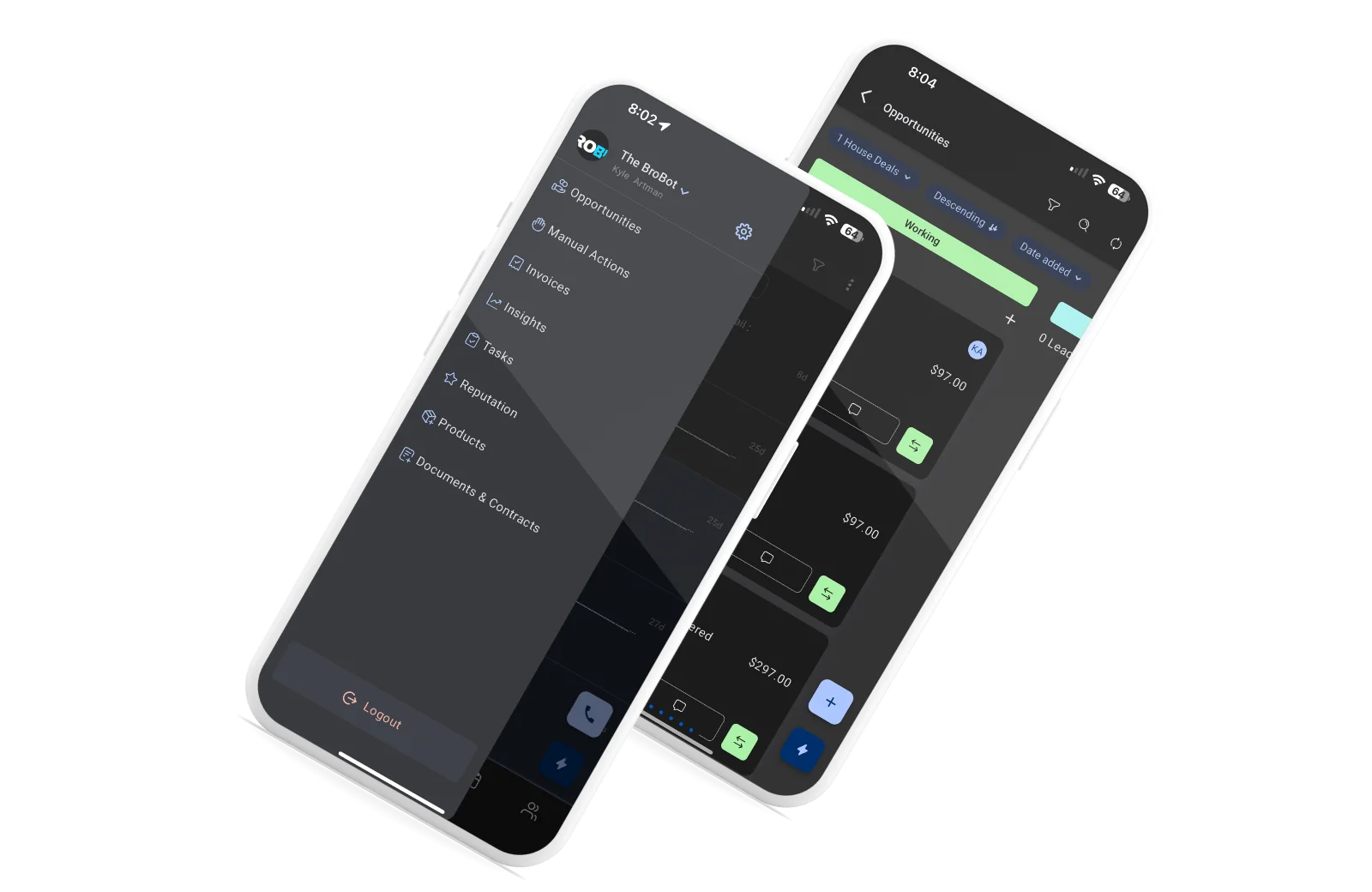 Brobot One app on mobile phones showing Opportunities and navigation